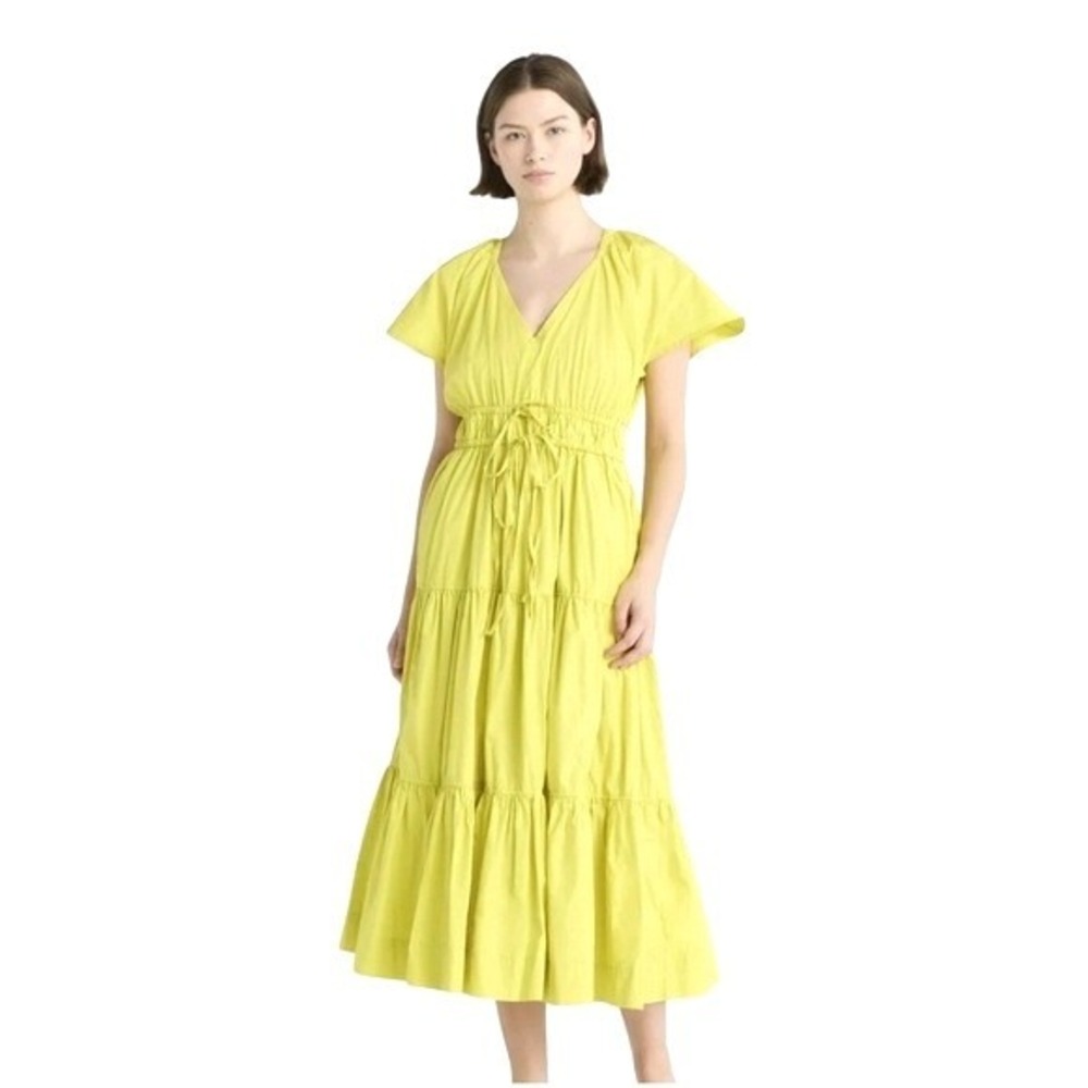 Free Assembly Chartreuse Yellow Tiered Maxi Dress Flutter Sleeves Cotton Boho Lg